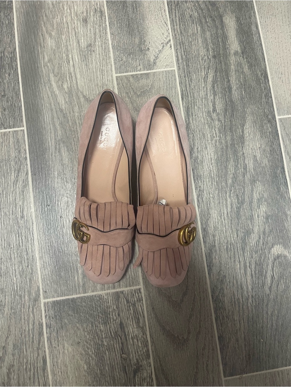 Gucci Pink Suede Fringe Loafers with Gold GG - Picture 16 of 16